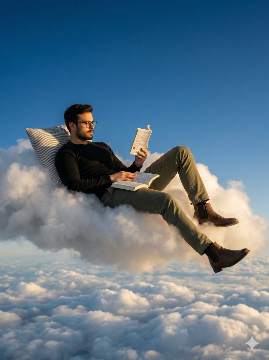Photorealistic Surreal Scene of a Man Reclining on a Floating Cloud — output 1