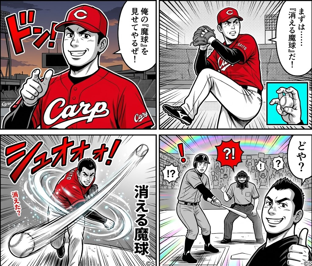 Comic / Storyboard - AI-generated 4-panel manga: The Vanishing Magic Ball — output 1