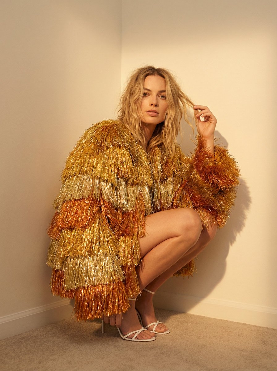 Social Media Post - High-Fashion Editorial with Metallic Fringe Coat — output 1