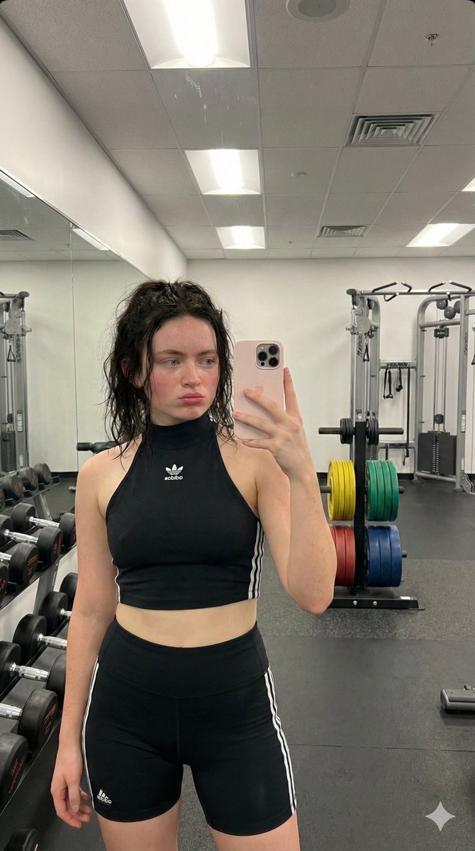 Social Media Post - Photorealistic Gym Mirror Selfie of Sadie Sink — output 1