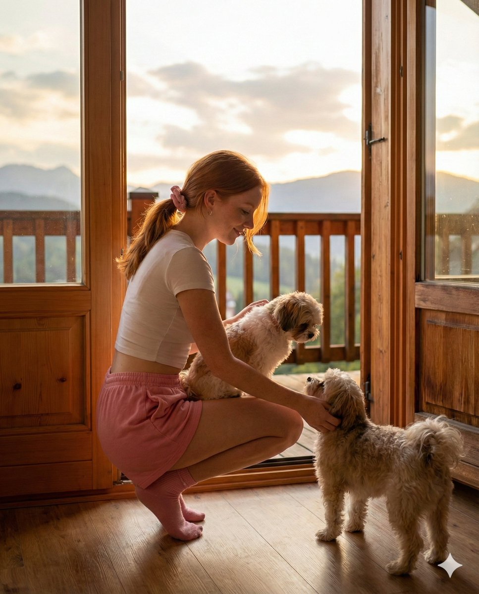 Social Media Post - Golden Hour Cabin Portrait with Puppies Prompt — output 1