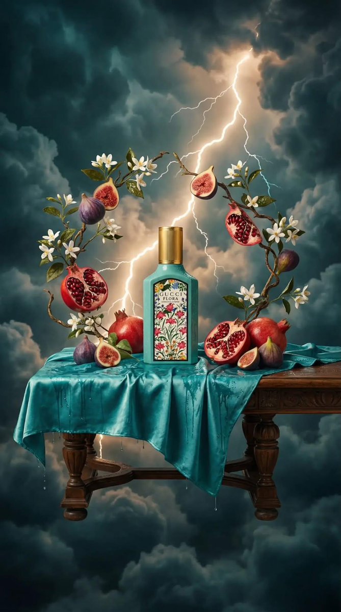 E-commerce Main Image - Surreal Baroque Still Life Perfume Ad Prompt — output 1