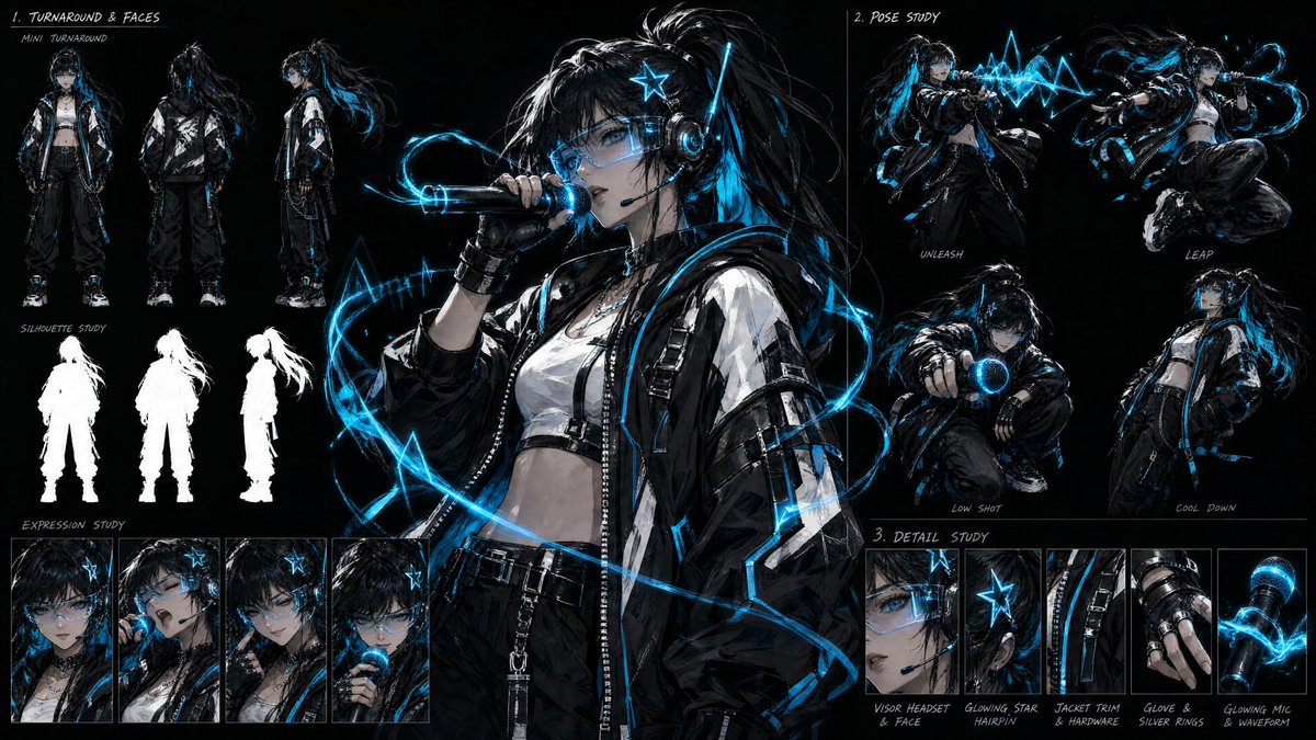 Comic / Storyboard - Cyberpunk Vocalist Character Sheet — output 1
