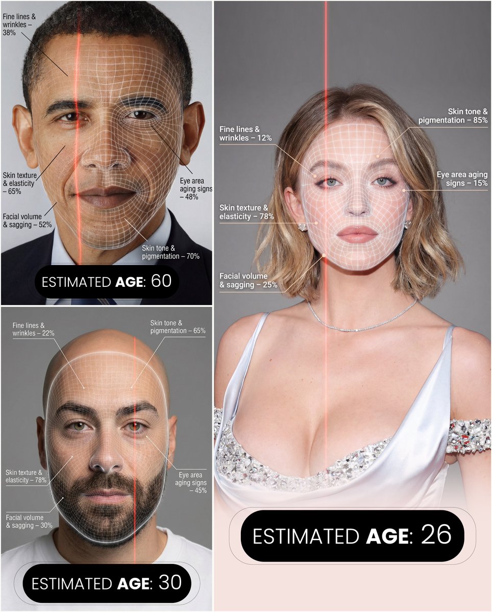 Futuristic facial age-checker infographic portrait — output 1