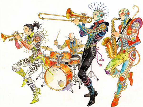 Band Illustration in a Hybrid Style of Moebius and Kim Jung Gi — output 1