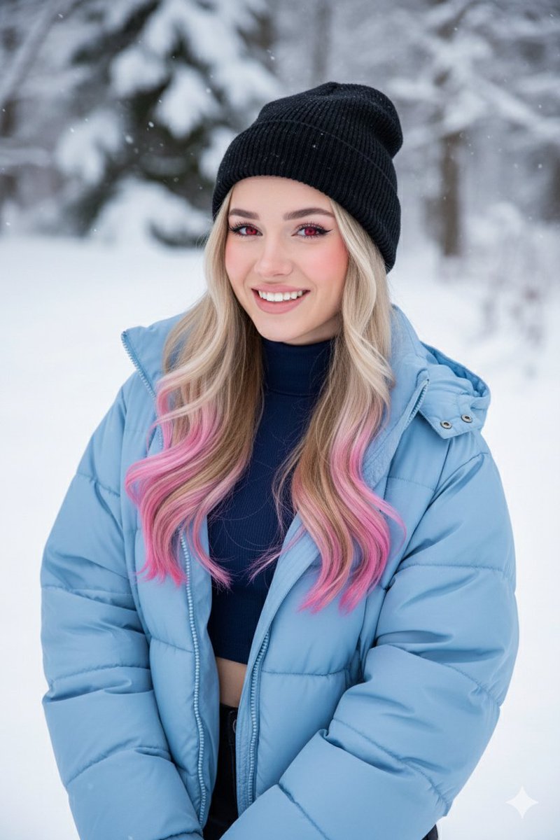 Profile / Avatar - Digital Art Portrait of Girl with Pink-Tipped Hair in Winter — output 1