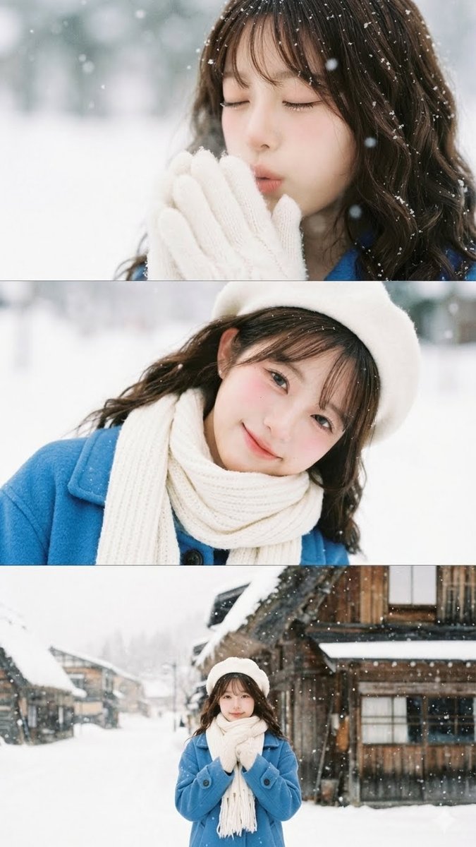 Vertical film strip collage of an Asian woman in a snowy Hokkaido setting — output 1