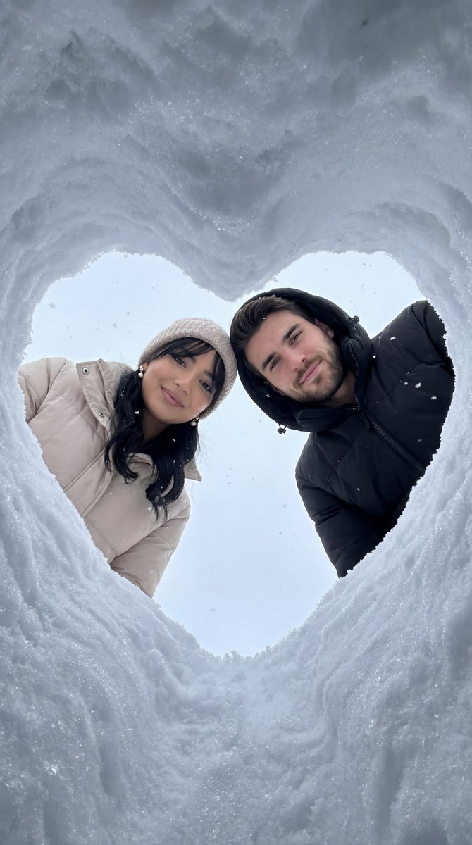 Cinematic Winter Photoshoot with Heart-Shaped Snow Frame — output 1