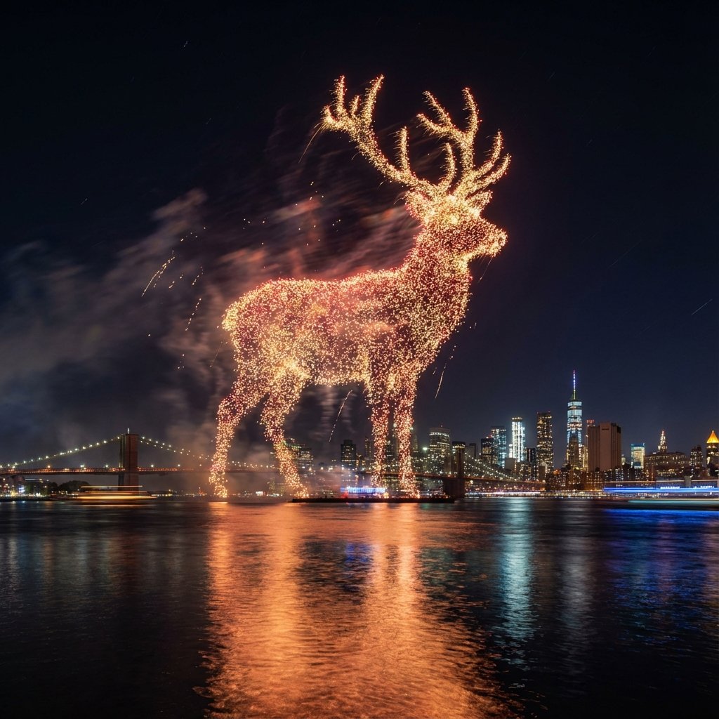 Santa Claus Fireworks over City Skyline — output 1