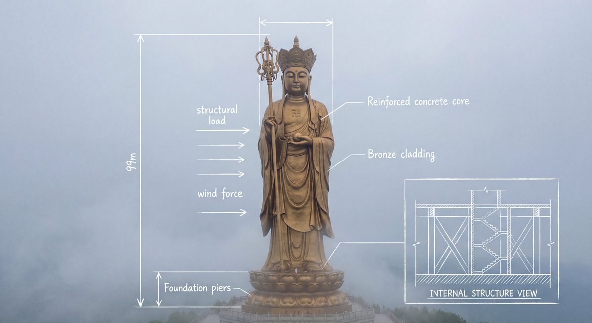 Technical schematic overlay on Ksitigarbha Bodhisattva statue — output 1