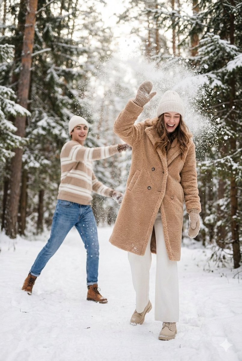 Cinematic Winter Scene Prompt of Couple Throwing Snow — output 1