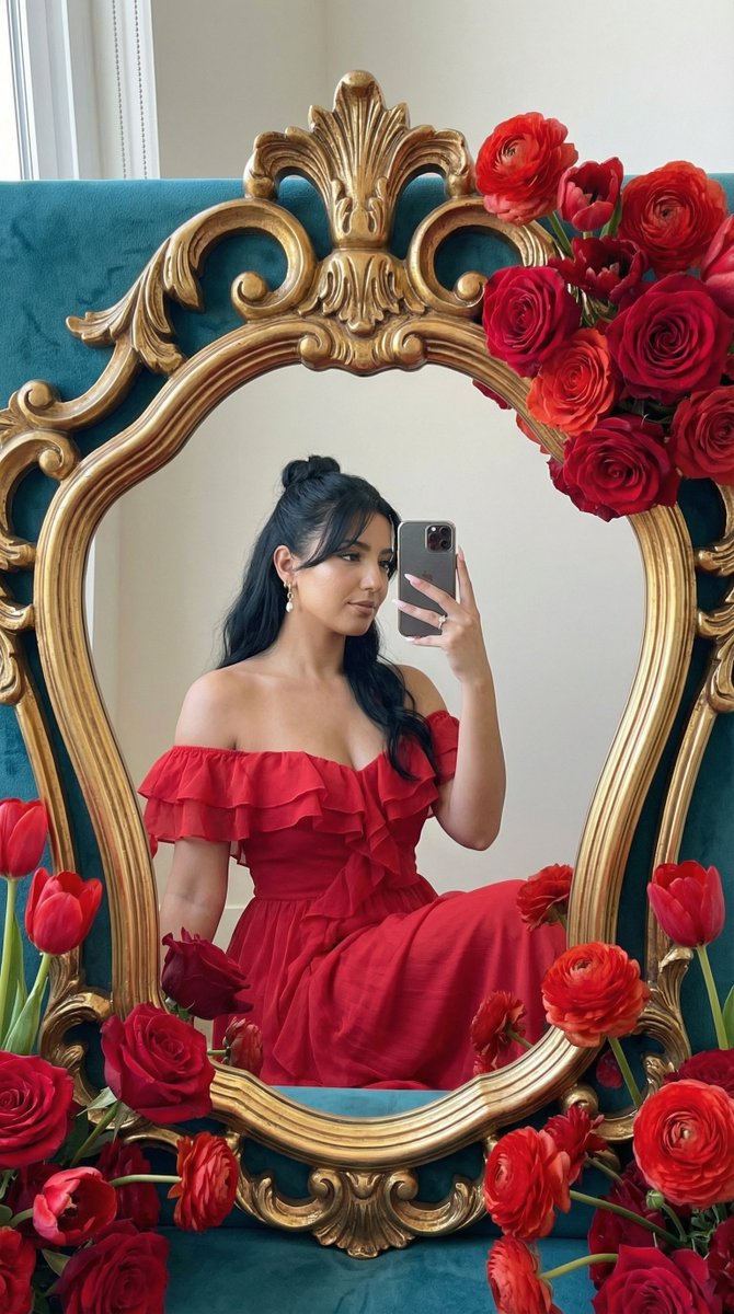 Photoreal Editorial Mirror Selfie with Floral Frame — output 1