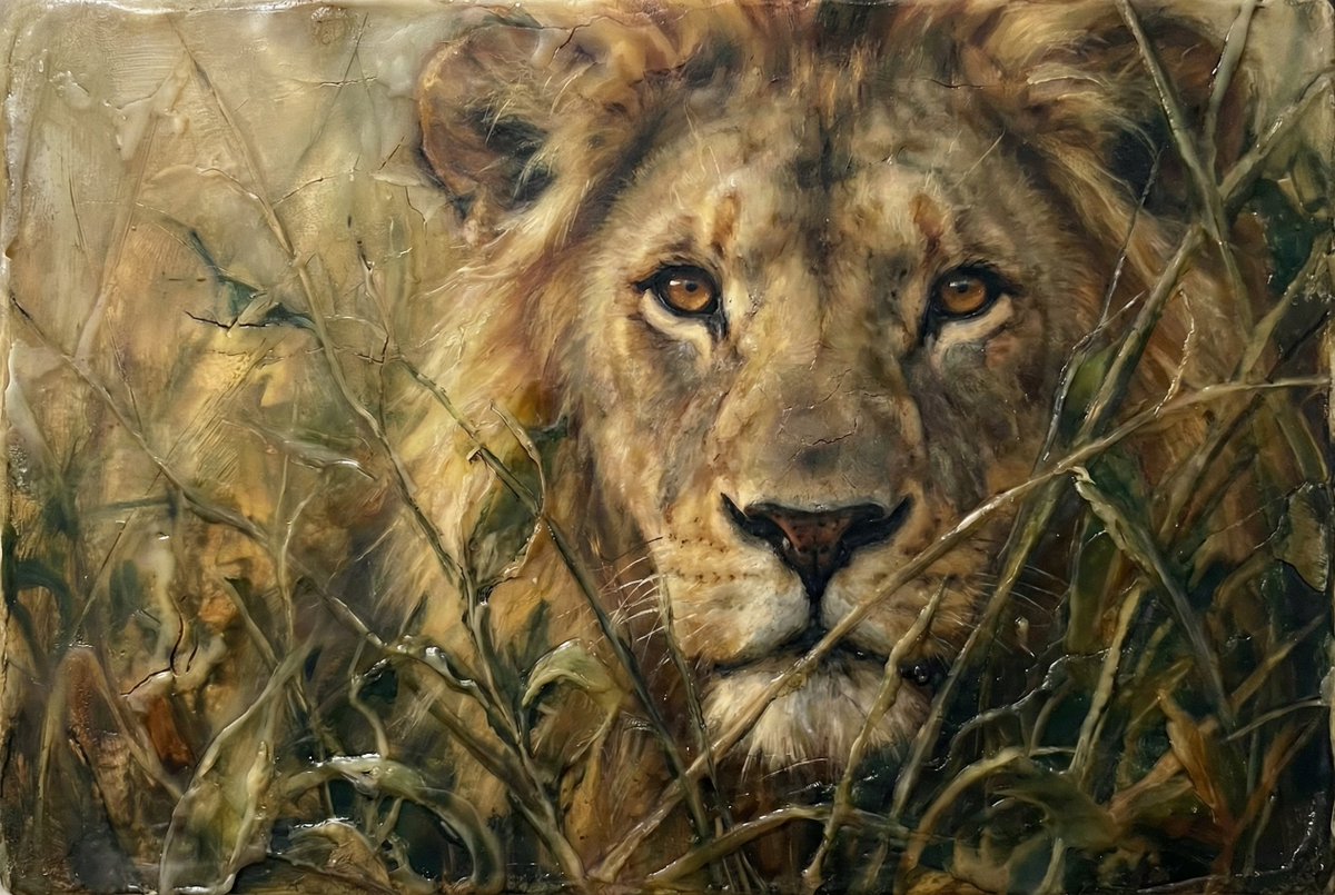 Heavily Detailed Oil Painting of a Lion in a Thicket — output 1