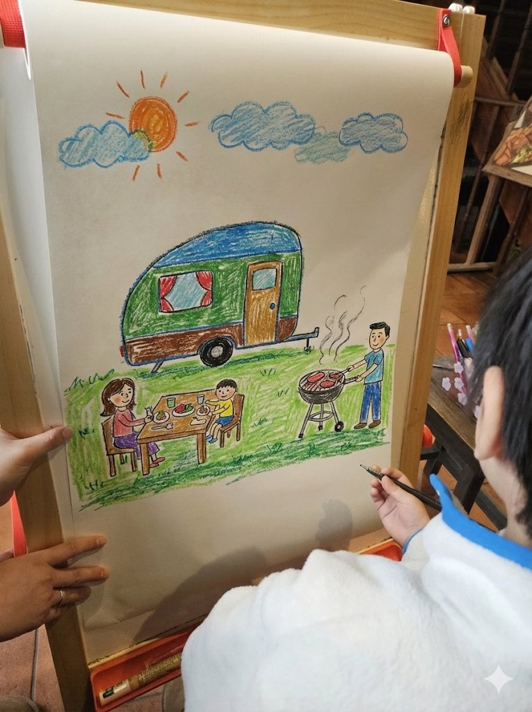Childlike crayon-style family camping drawing — output 1