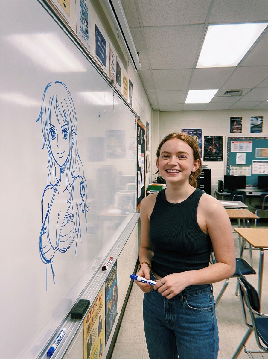 Candid Classroom Photo with Anime Sketch on Whiteboard — output 1