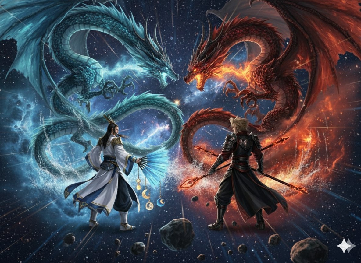 Game Asset - Image generation prompt for Nano Banana Pro: Zhuge Liang vs. Sima Yi in a Final Fantasy X style cosmic battle — output 1