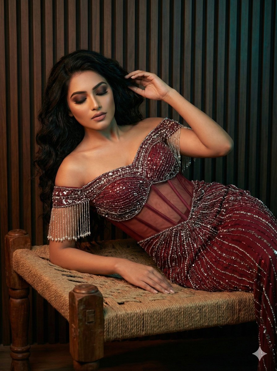 High-Fashion Editorial Photo of a Woman in an Embellished Gown — output 1