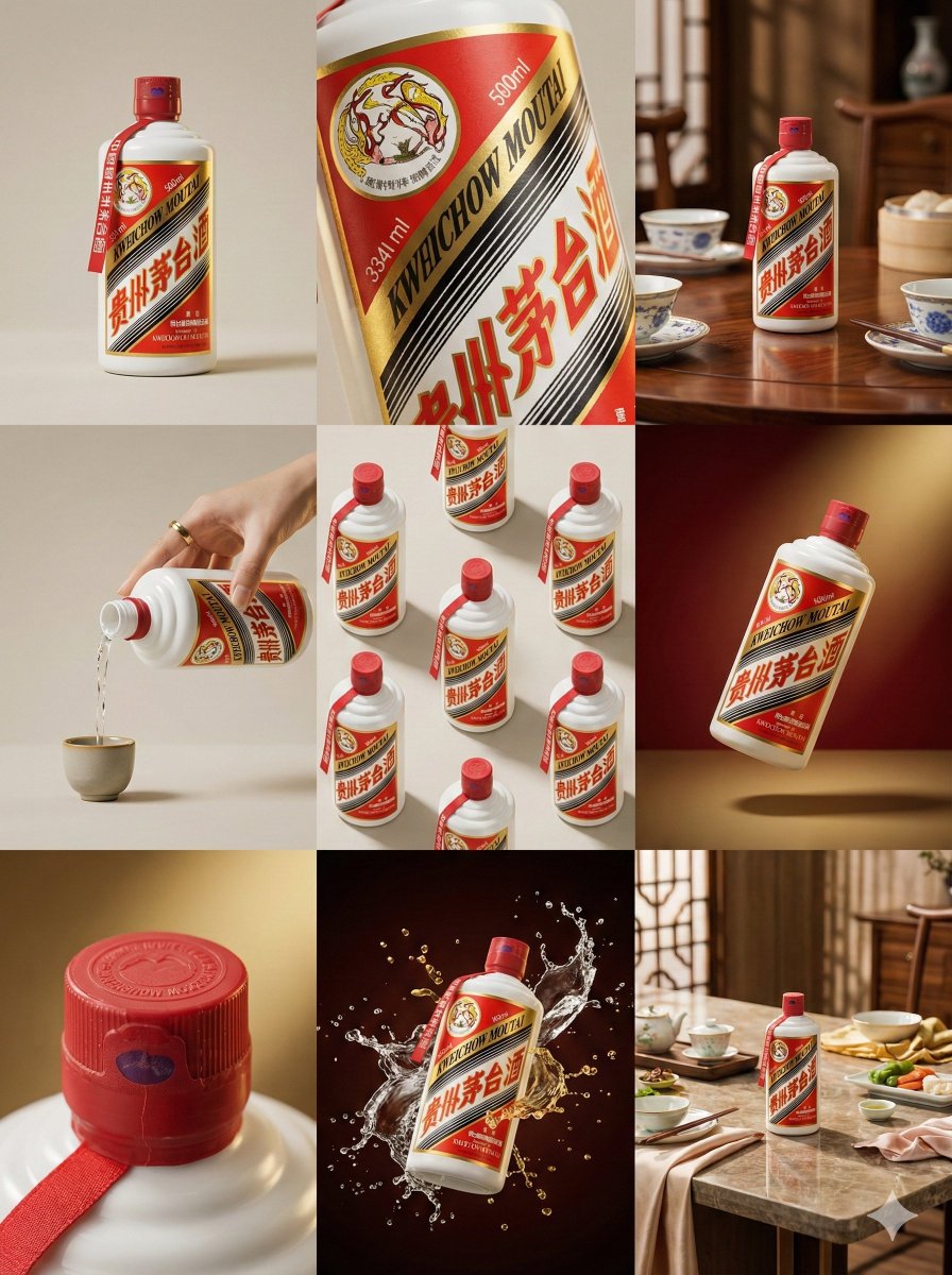 E-commerce Main Image - Moutai Brand 3x3 Visual Storyboard — output 1