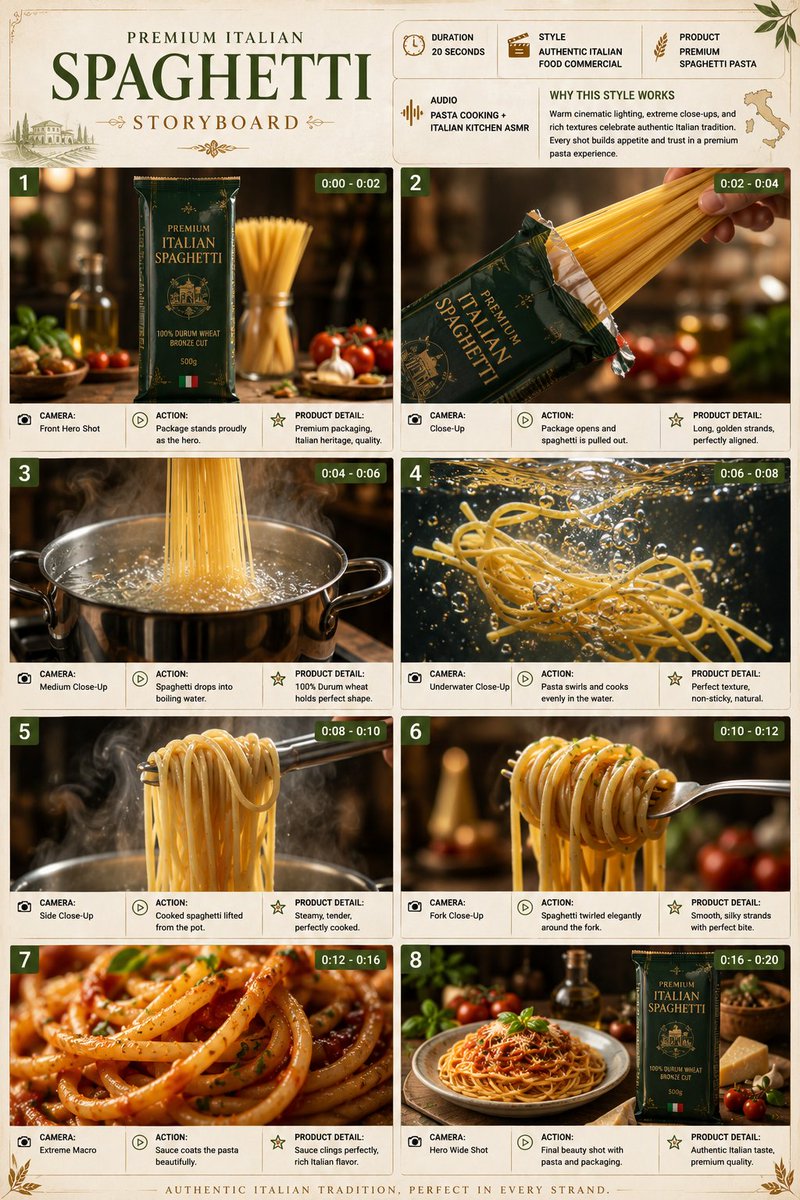 Comic / Storyboard - Premium Italian Spaghetti Commercial Storyboard — output 1