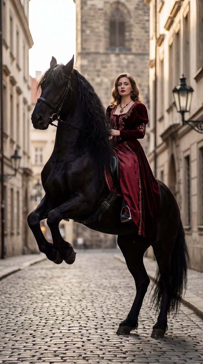 Product Marketing - High-Fashion Horseback Portrait on Vintage Street — output 1
