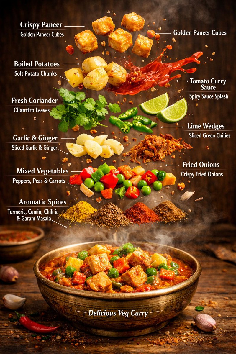 Infographic / Edu Visual - Hyper-realistic editorial food infographic of Indian Veg Curry — output 1