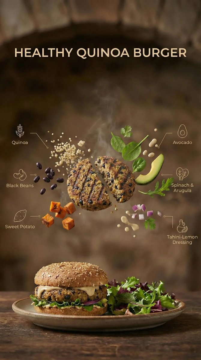 Exploded View Quinoa Burger Commercial Photography Prompt — output 1