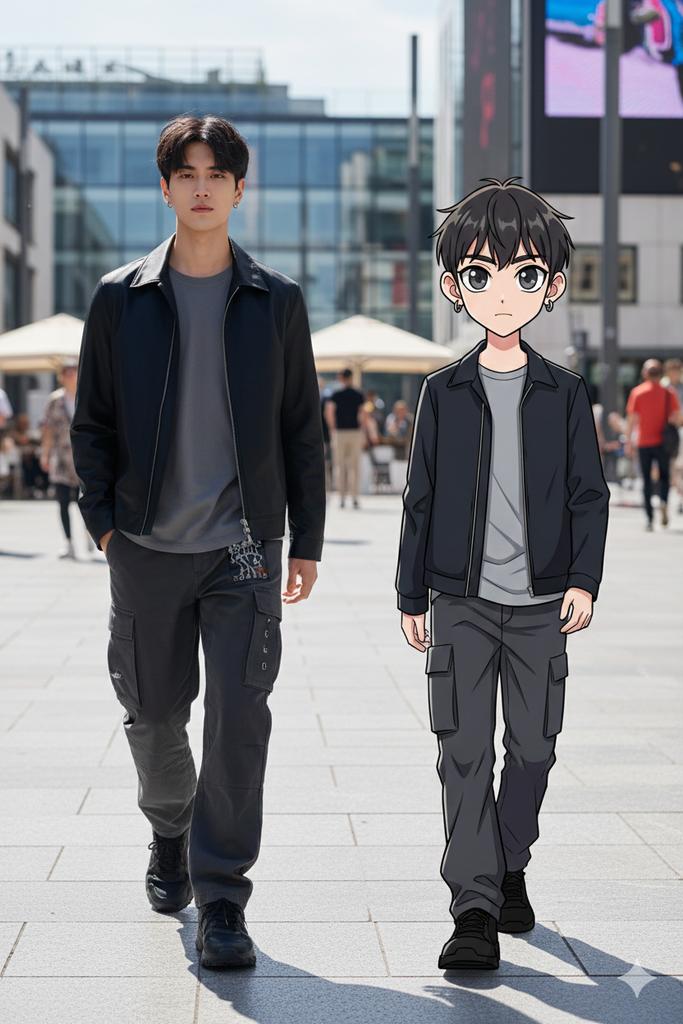 Product Marketing - 64K Street Candid with Cartoon Twin and Custom Branding — output 1