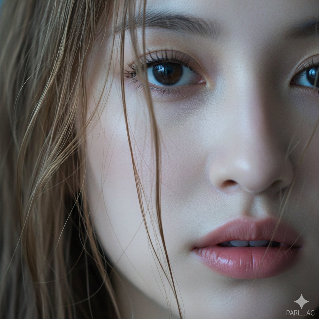 Macro Portrait with Wet Hair and Cinematic Blue Tones — output 1