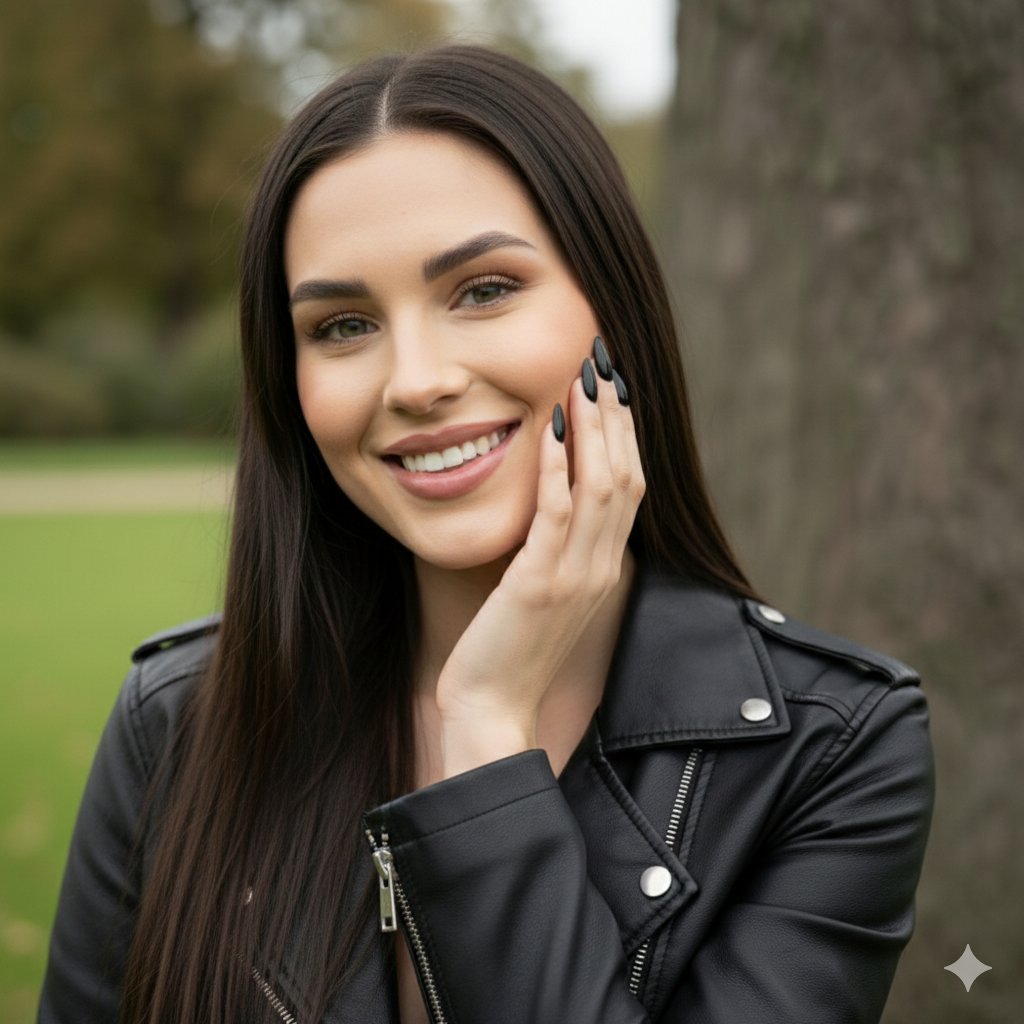 Hyper-detailed 4K portrait of a female model in a black leather jacket and jeans sitting on park grass — output 1
