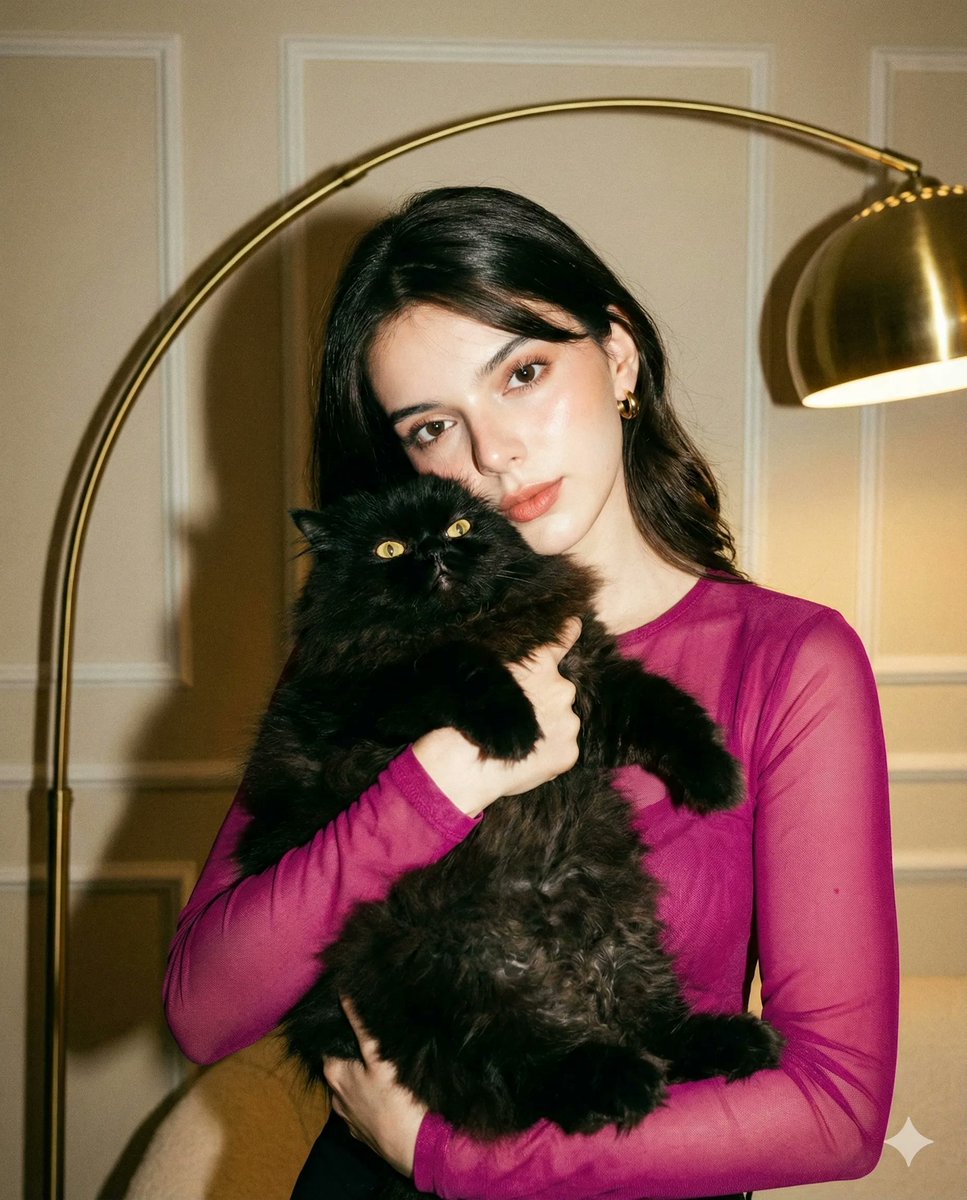 High-Fashion Flash Photo with Cat (Facial Edit Lock) — output 1