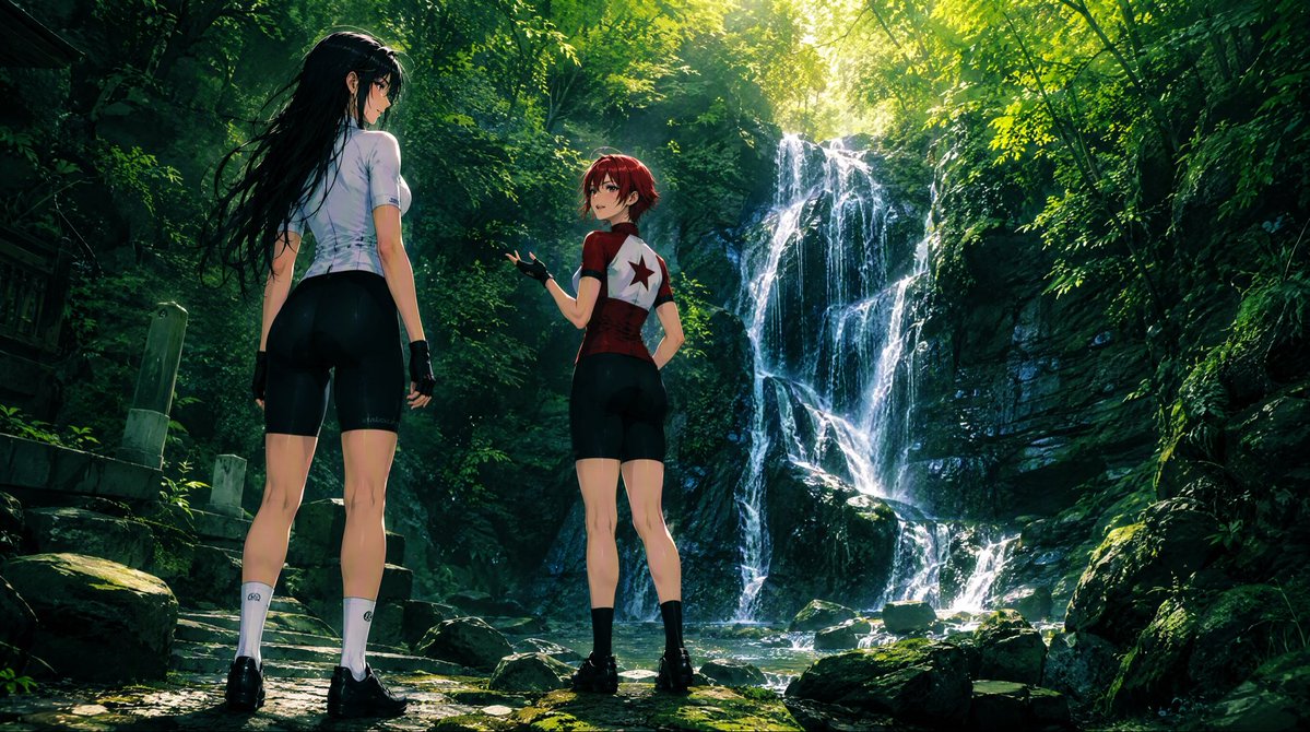 Comic / Storyboard - Anime Cyclists at Forest Waterfall — output 1