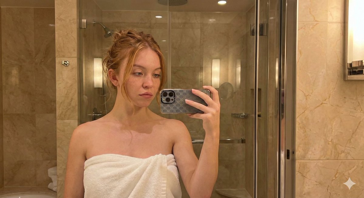 Profile / Avatar - Intimate Mirror Selfie Portrait of Sydney Sweeney in a Towel — output 1