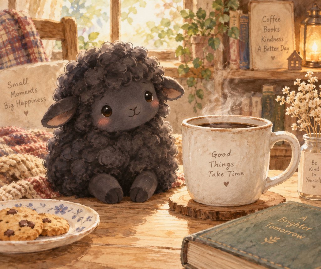 Social Media Post - Cozy Lamb and Coffee Illustration — output 1