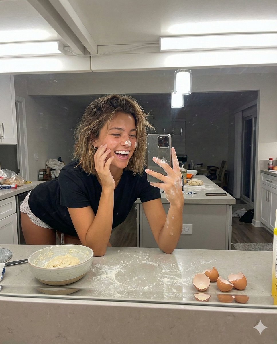 Playful Mirror Selfie in a Messy Kitchen — output 1