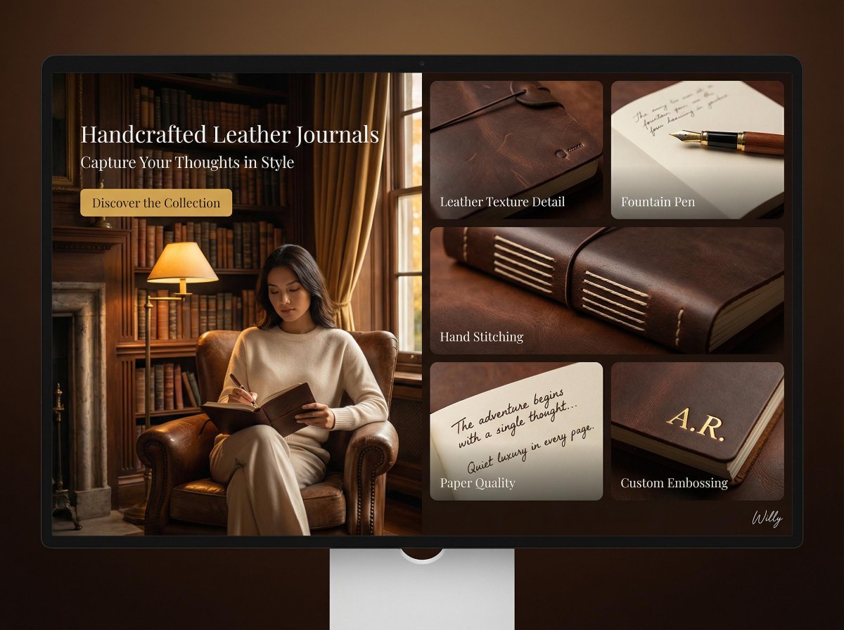 Landing Page Design for Leather Journals (Split Screen) — output 1