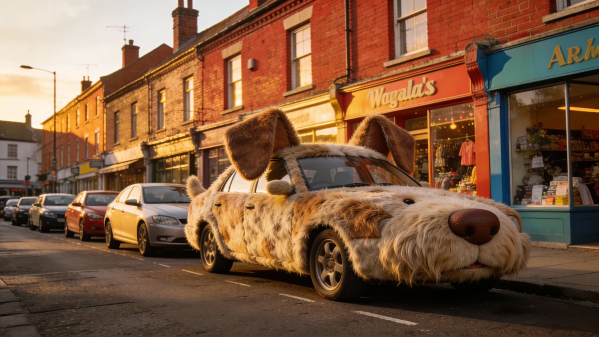 Comic / Storyboard - Cinematic Wide-Shot with Dog Fur Car — output 1
