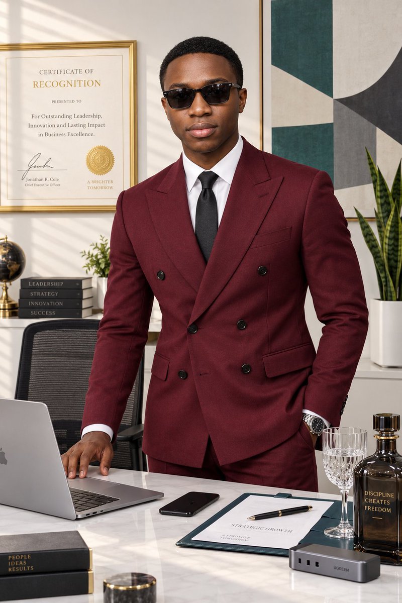 Social Media Post - Burgundy Suit Executive Portrait — output 1