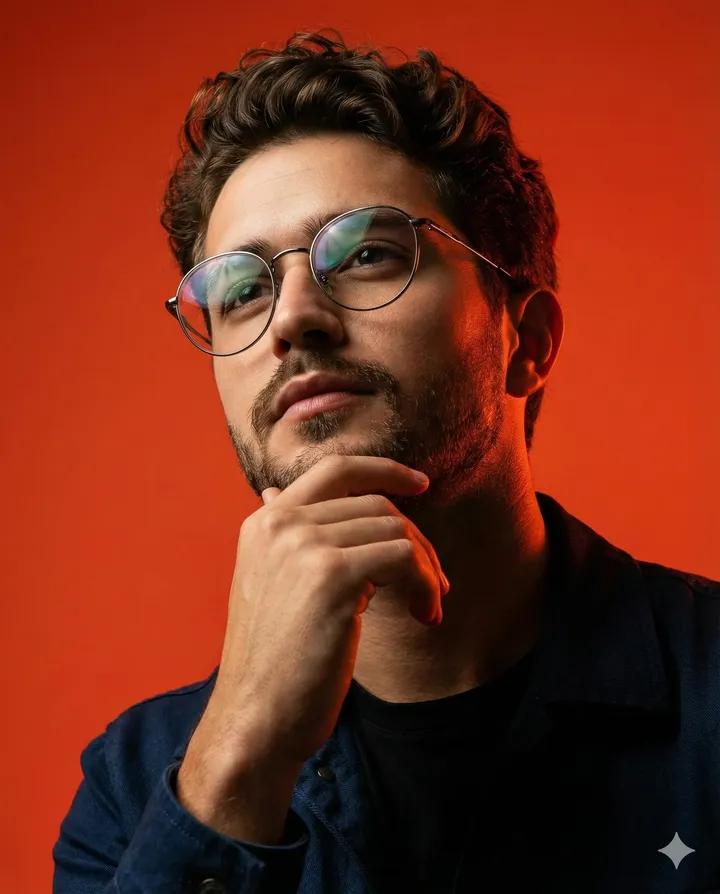 Dynamic Low-Angle Portrait with Orange-Red Background — output 1