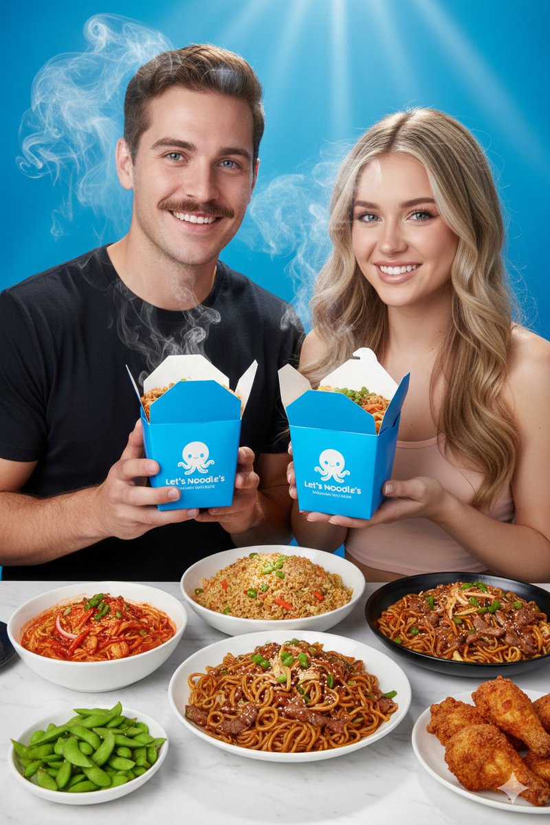 Vibrant Food Photography with Couple and Noodle Boxes — output 1