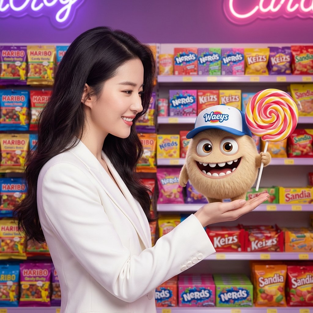 Mixed-Media Portrait with CGI Mascot in Candy Store — output 1