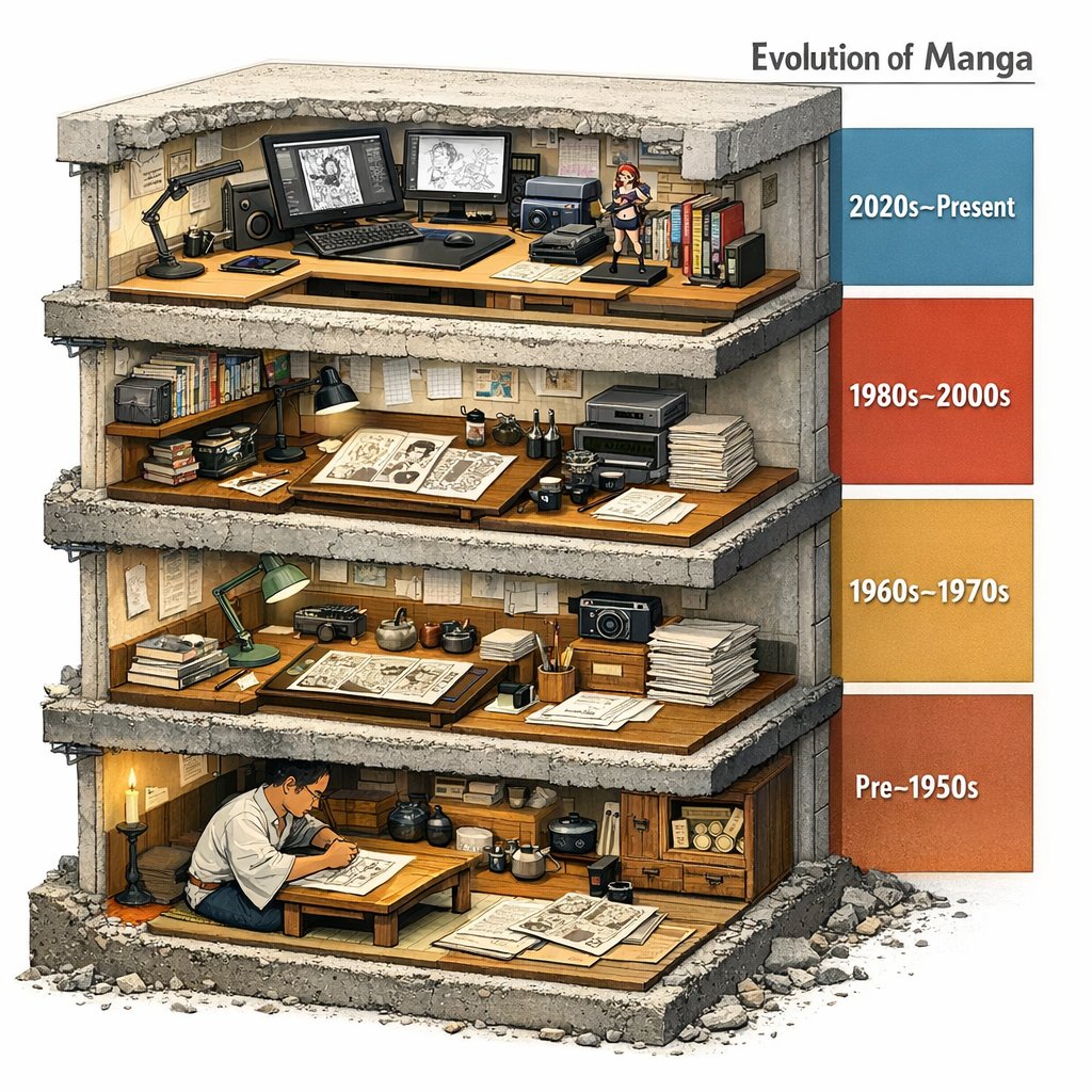 Comic / Storyboard - Manga Evolution Architectural Section Prompt — output 1