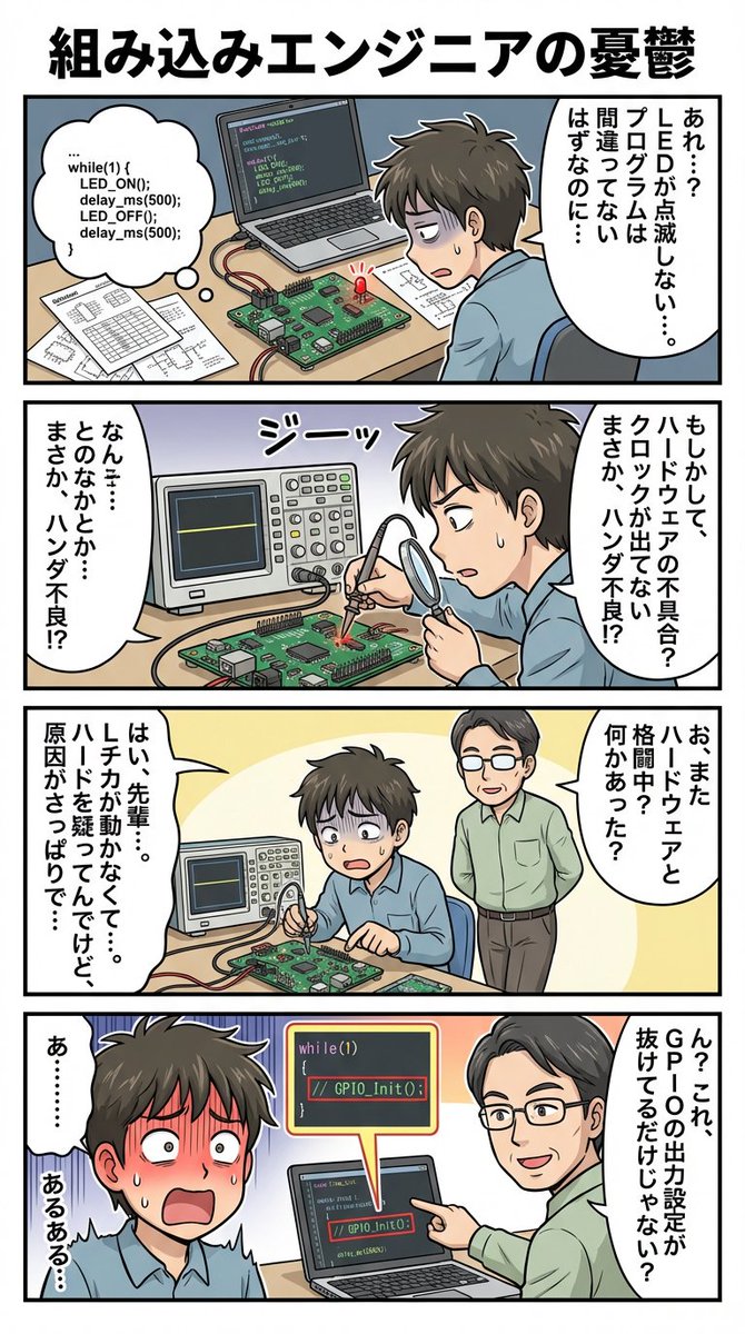 4-panel comic about embedded engineer struggles — output 1
