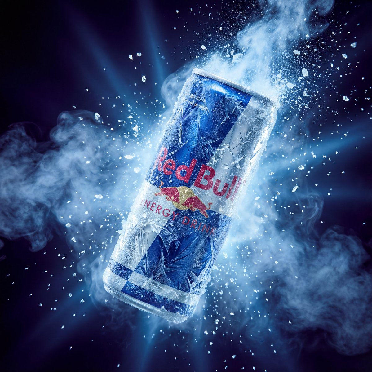 E-commerce Main Image - Hyper-Realistic Red Bull Can Ice Explosion Commercial — output 1
