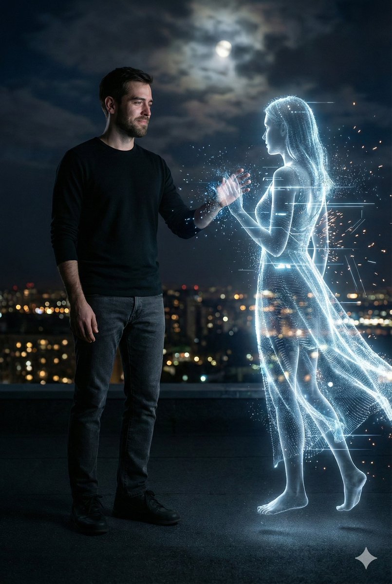 Cinematic Night Rooftop Scene with Hologram — output 1