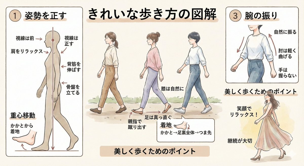 Diagram explaining how to walk beautifully — output 1