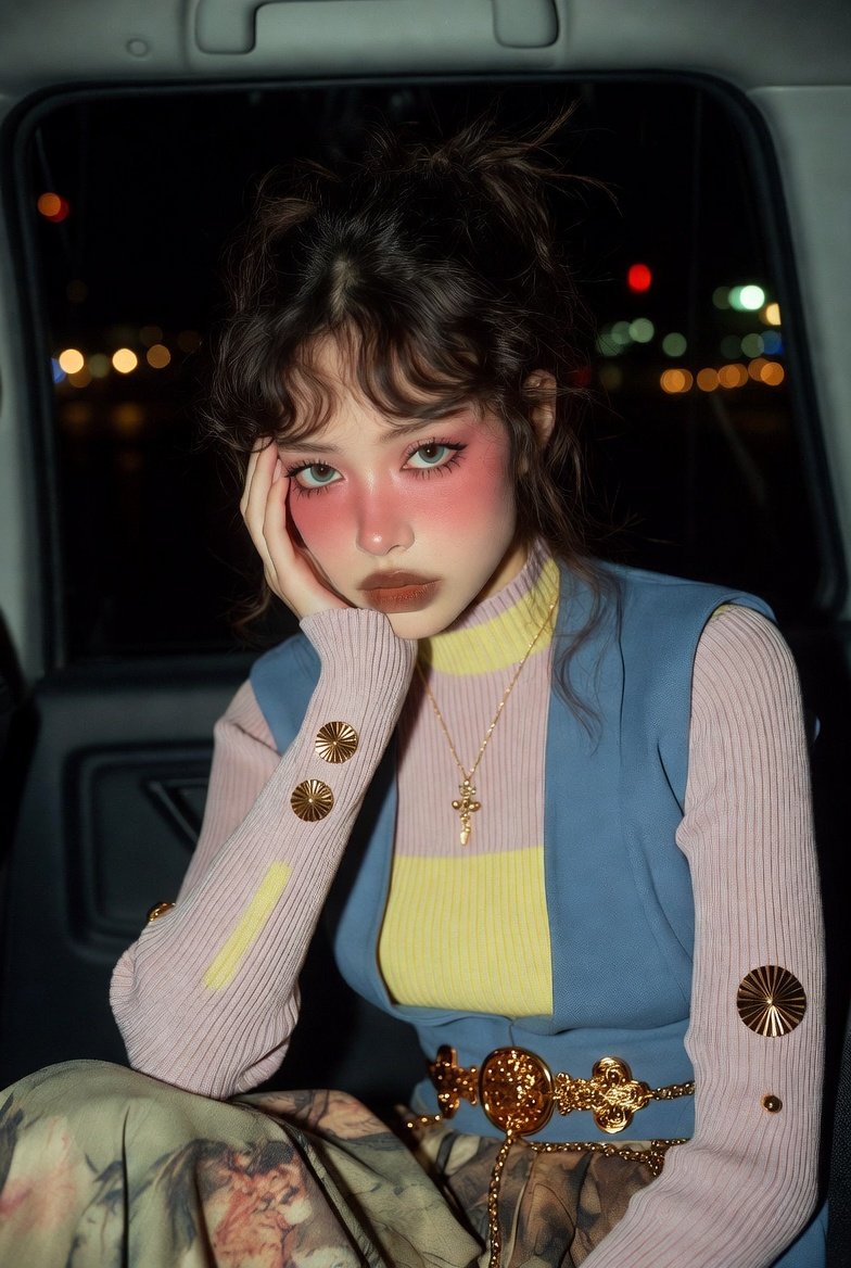 Ethereal Doll-like Portrait in a Night Car Interior — output 1