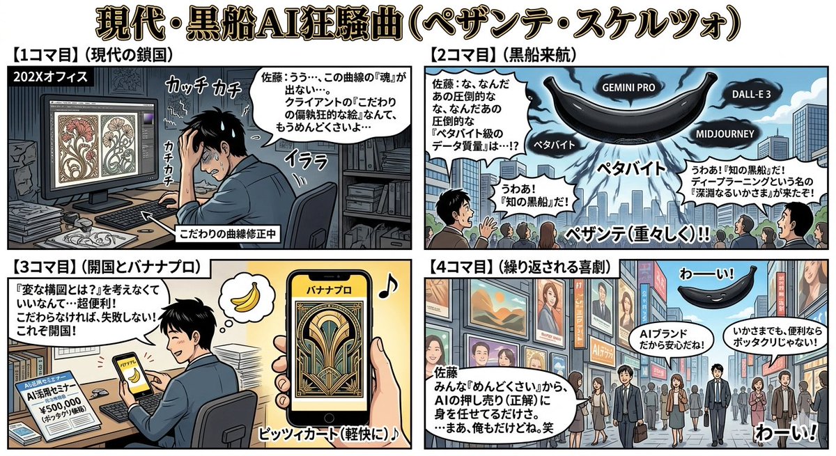 Comic / Storyboard - Four-Panel Manga Generation: Modern Black Ship AI Rhapsody — output 1