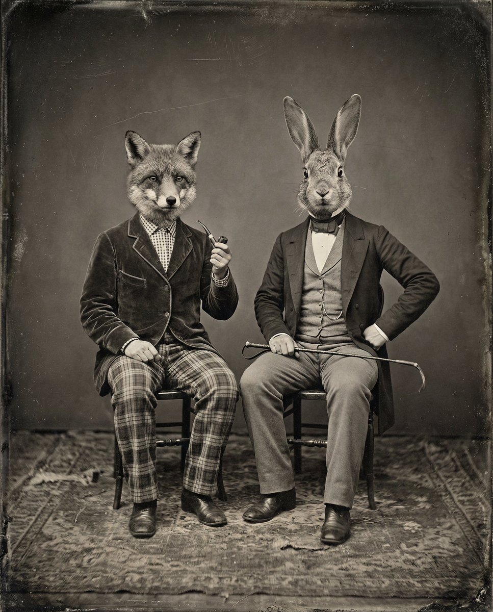 Vintage Sepia-Toned Portrait with Animal Heads — output 1