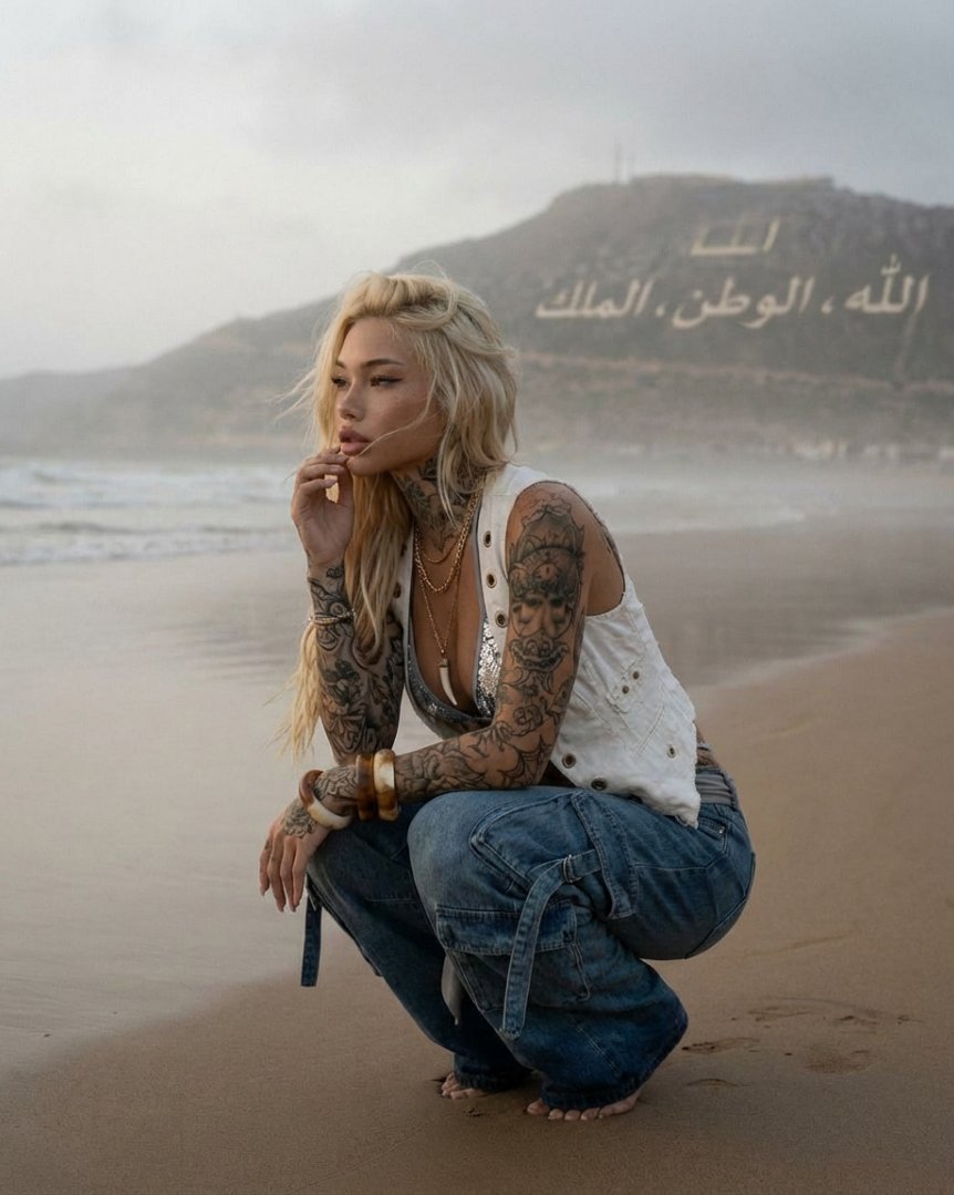 Tattooed Woman on Misty Beach Fashion Editorial — output 1