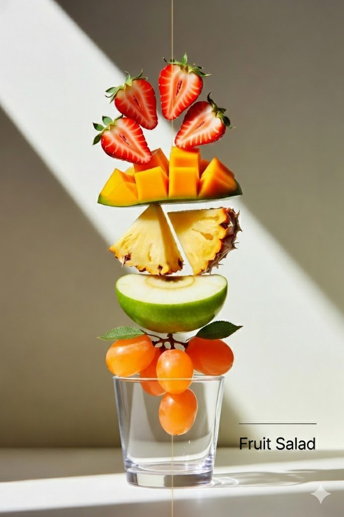 Cinematic Exploded Vertical Fruit Salad — output 1